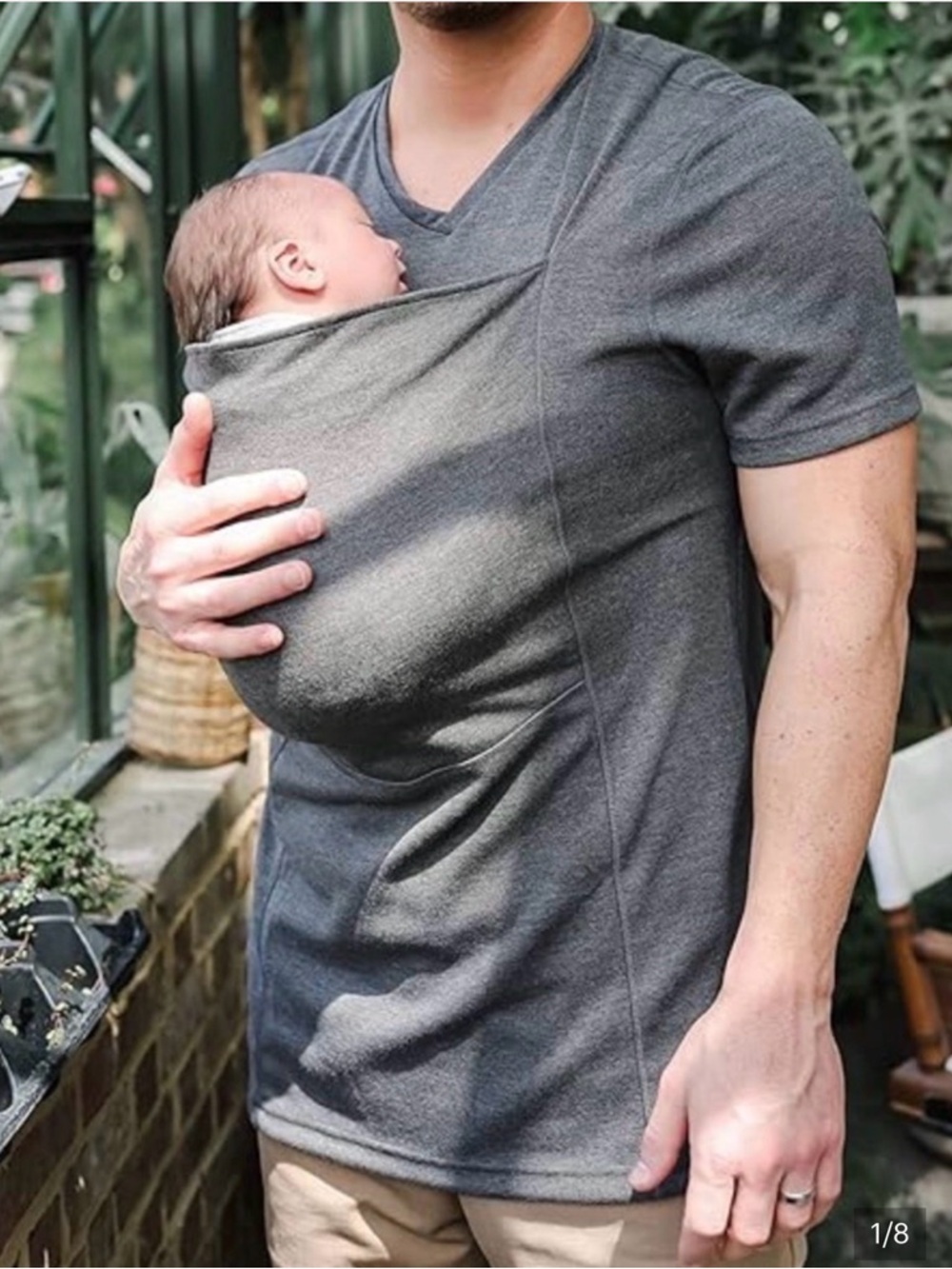 Lalabu Dad Shirt Short Sleeve V-Neck Babywearing Tee Stretch Gray Size 2XL